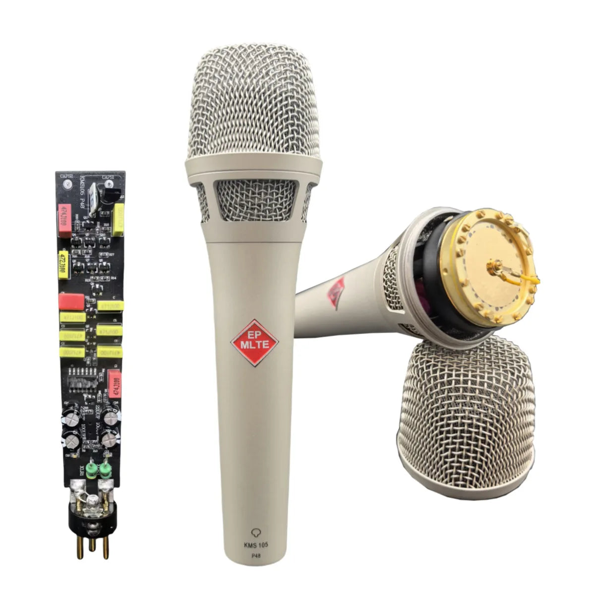 Beige condenser microphone 34mm with silver mesh grille and gold components for live streaming recording studio use