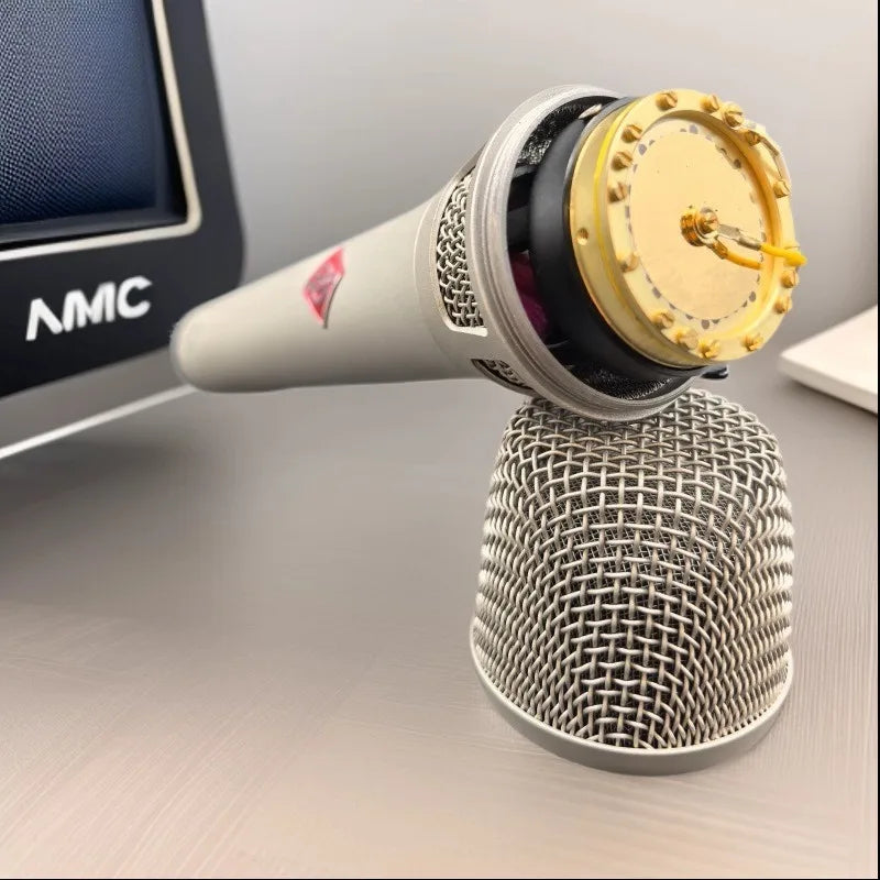 Beige professional condenser microphone 34mm with gold diaphragm and silver mesh for live streaming recording studio use
