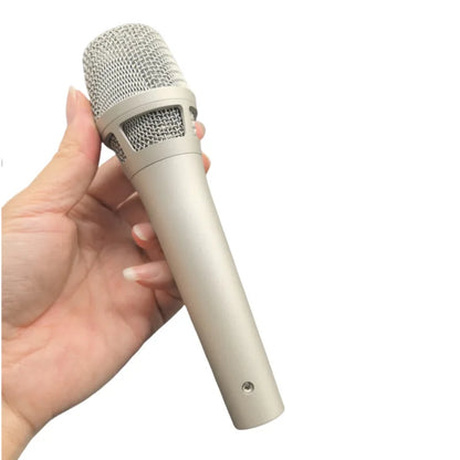 A sleek silver professional 105 condenser microphone 34mm with metallic mesh grille for live streaming recording studio use