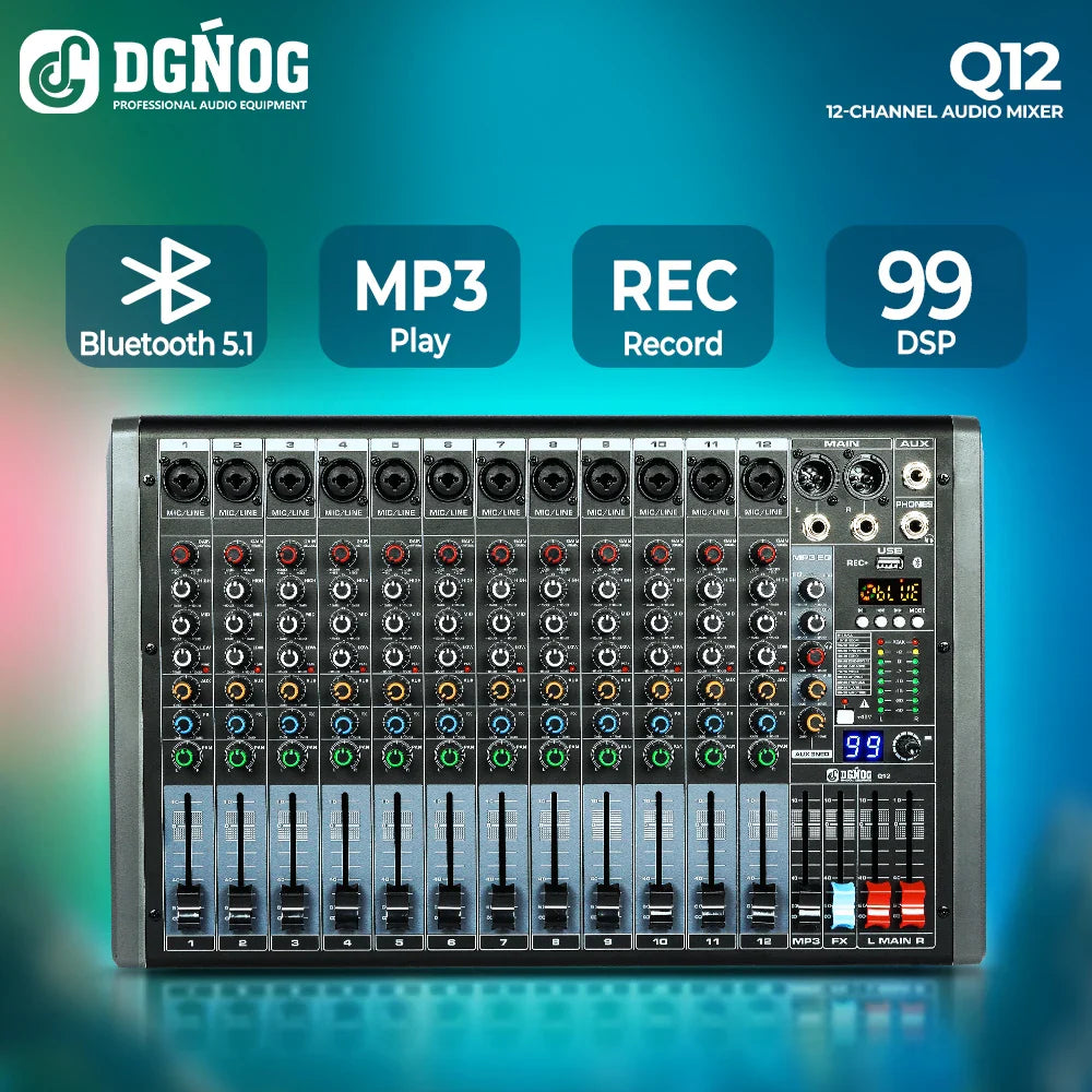 Professional 12 channel mixer dgnog q12 with black silver chassis colorful rotary knobs and 48v phantom power for studio audio console
