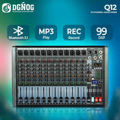 Professional 12 channel mixer dgnog q12 with black silver chassis colorful rotary knobs and 48v phantom power for studio audio console