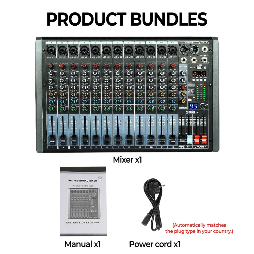 Black and gray mixer dgnog q12 16-channel studio audio console with colorful knobs faders and 48v phantom power for dj use