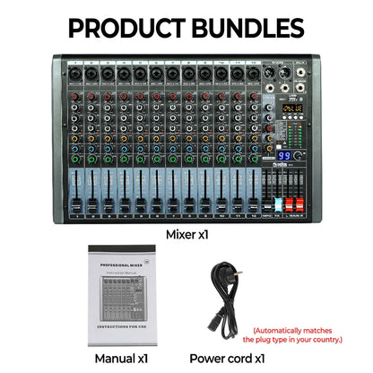 Black and gray mixer dgnog q12 16-channel studio audio console with colorful knobs faders and 48v phantom power for dj use