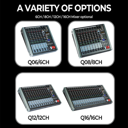 Black and gray mixer dgnog q12 with silver trim featuring 12 channels and 48v phantom power studio audio console