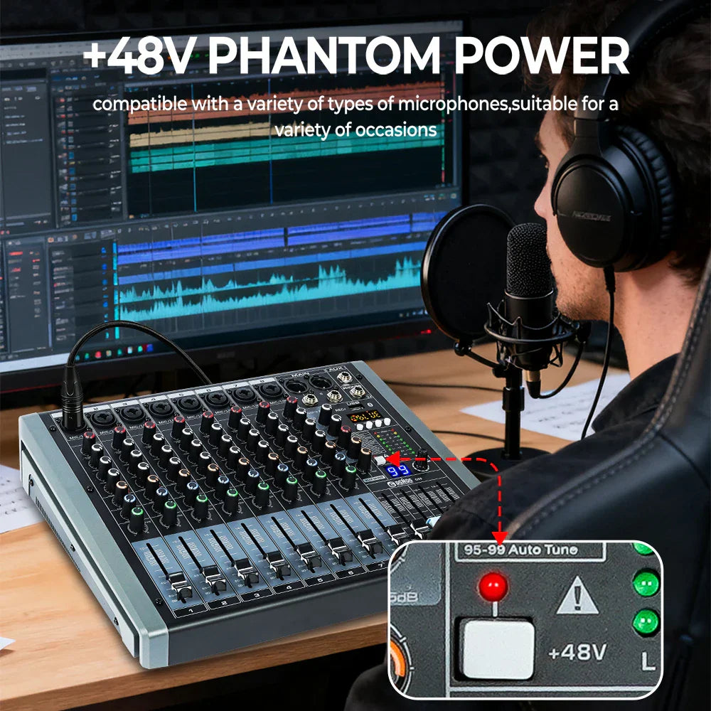 Black and silver mixer dgnog q12 10-channel studio audio console with 48v phantom power for professional DJ use