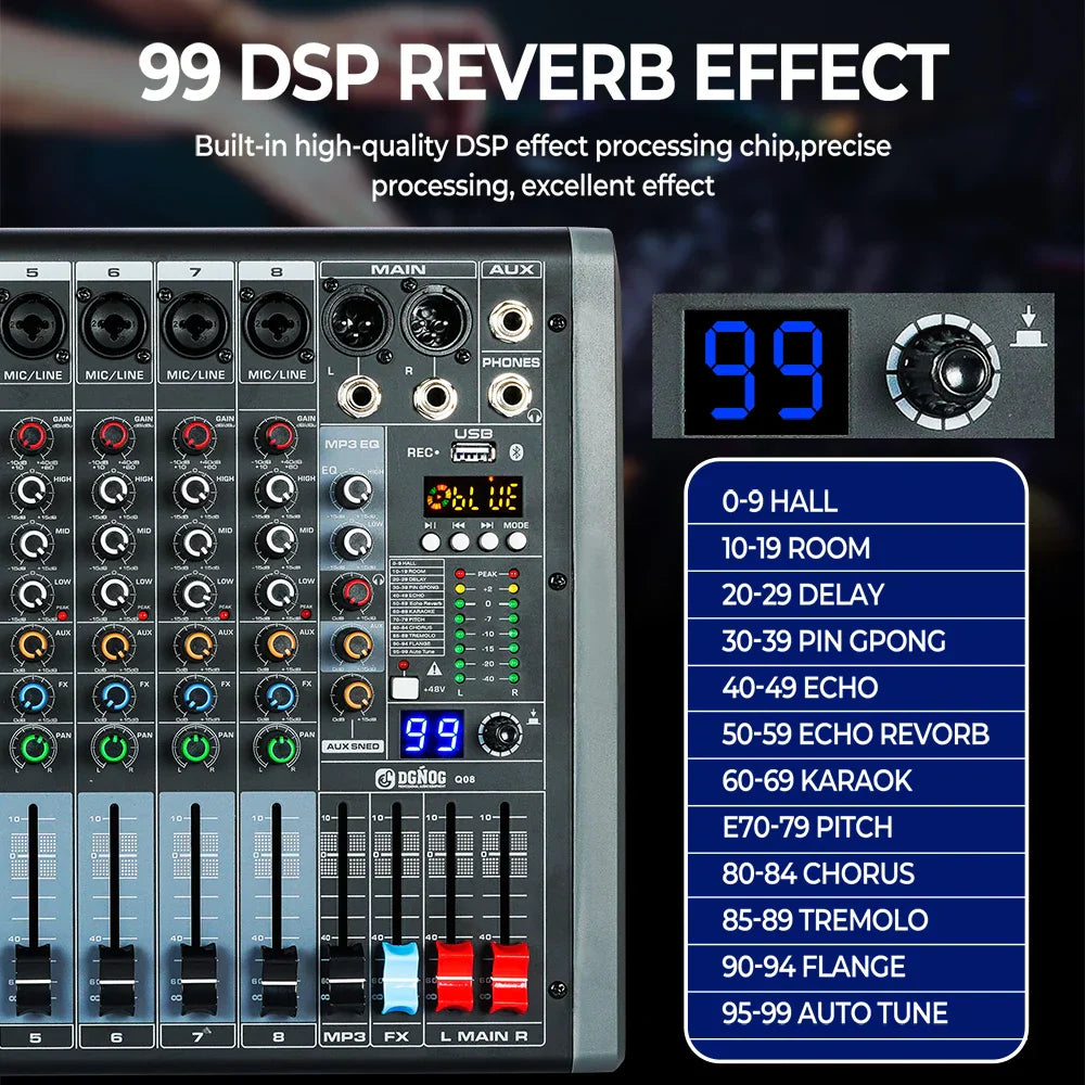 Black and silver mixer dgnog q12 audio mixer with multiple knobs faders and 48v phantom power for studio audio console
