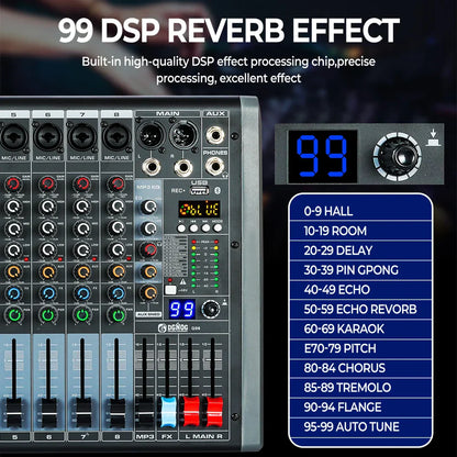 Black and silver mixer dgnog q12 audio mixer with multiple knobs faders and 48v phantom power for studio audio console