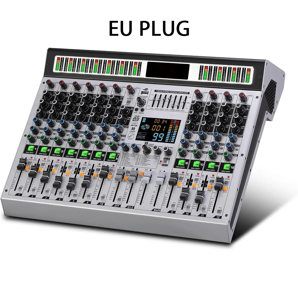 Silver professional 12channel 99dsp dj audio mixer with black knobs sliders green led for mp3 microphone recording