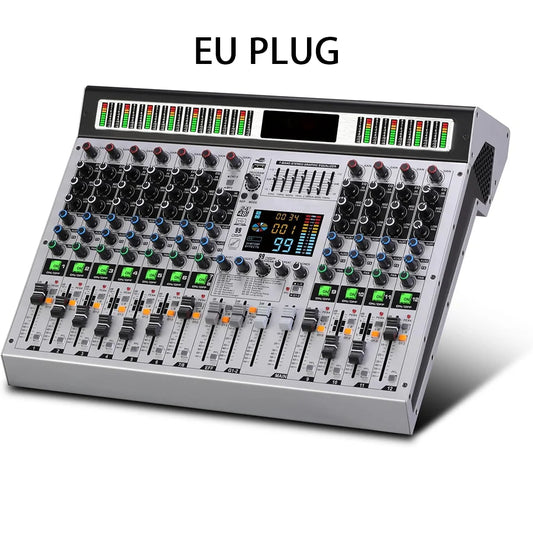 Silver professional 12channel 99dsp dj audio mixer with black knobs sliders green led for mp3 microphone recording