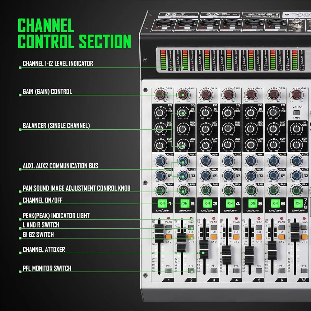 Professional 12channel 99dsp silver and black audio mixer with knobs faders led indicators for mp3 microphone recording