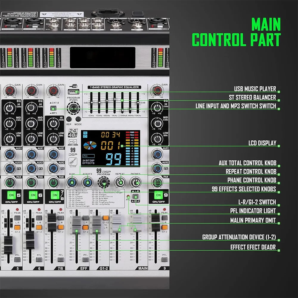 Silver and black professional 12channel 99dsp dj audio mixer with usb sound card and mp3 microphone recording interface