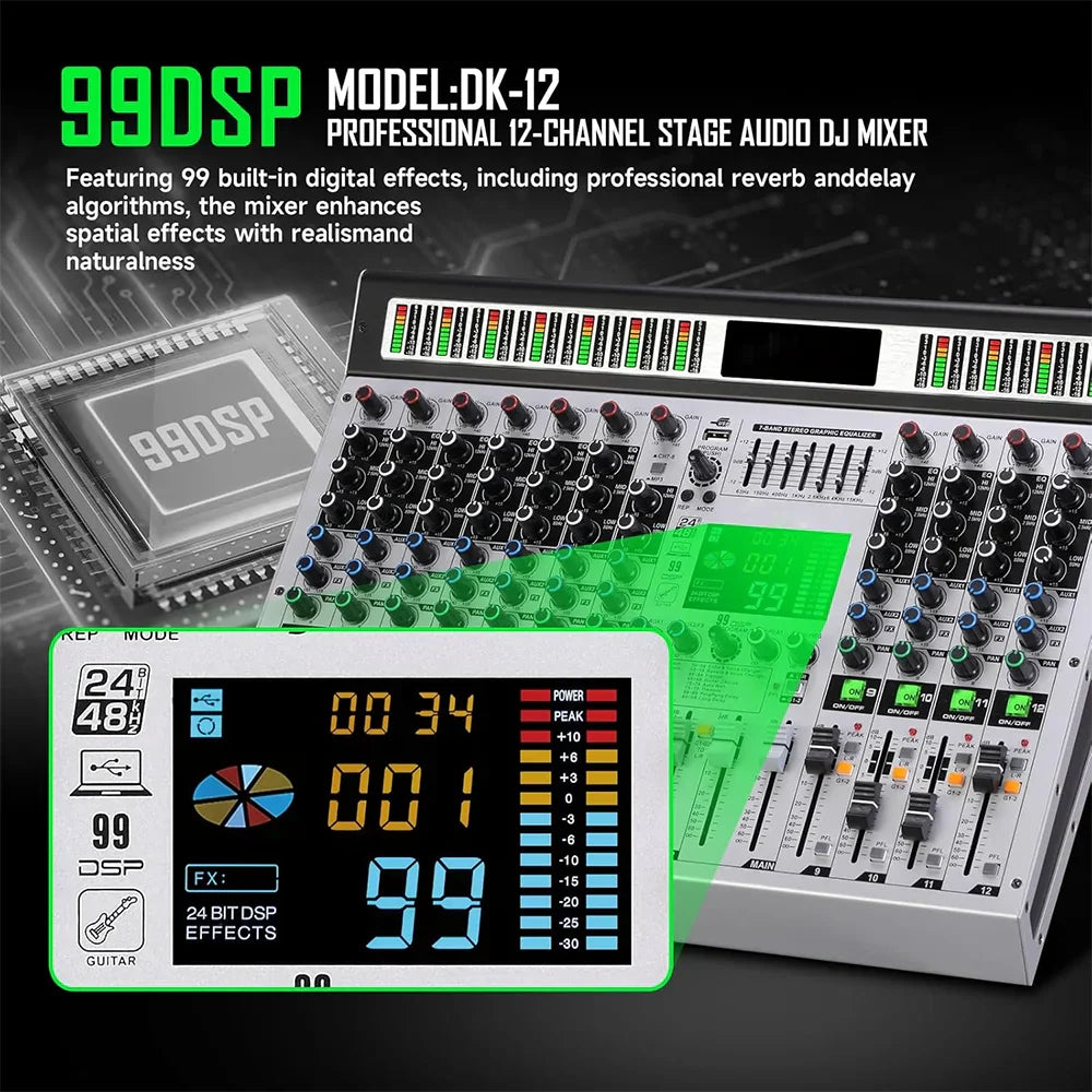 White 99dsp dk-12 professional 12channel 99dsp dj audio mixer with black knobs and colorful led indicators for mp3 microphone recording