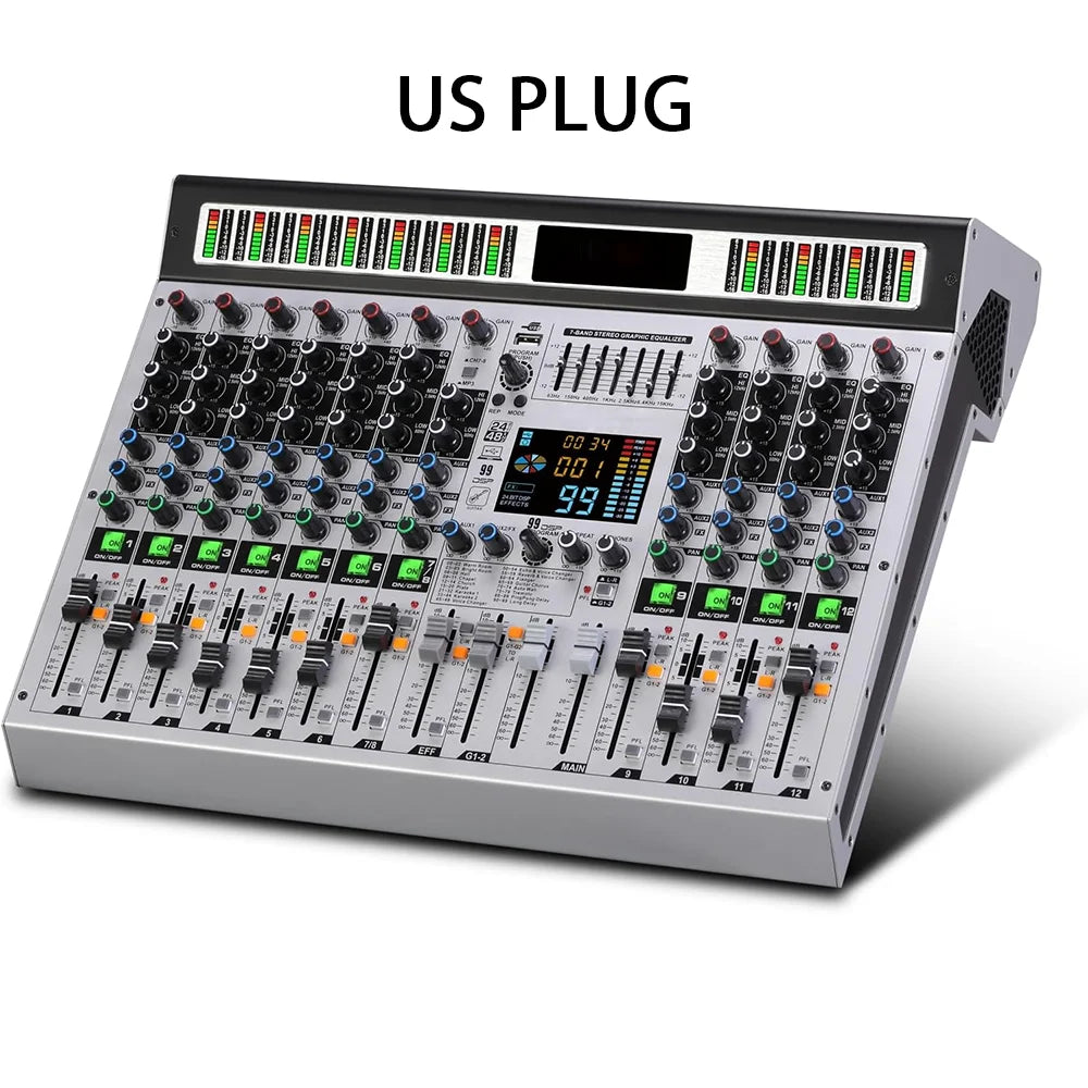 Silver professional 12channel 99dsp dj audio mixing console with black knobs green and red leds for mp3 microphone recording