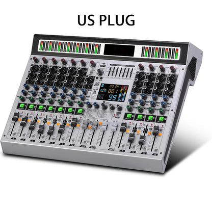 Silver professional 12channel 99dsp dj audio mixing console with black knobs green and red leds for mp3 microphone recording