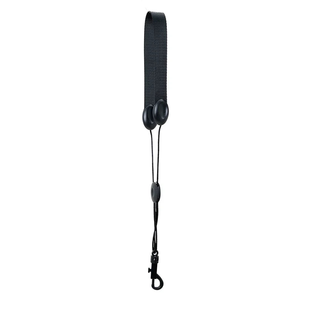 Black leather strap with two circular adjustment knobs and metal clasp for keys bb clarinet accessories reed box cleaning brushes trimmer