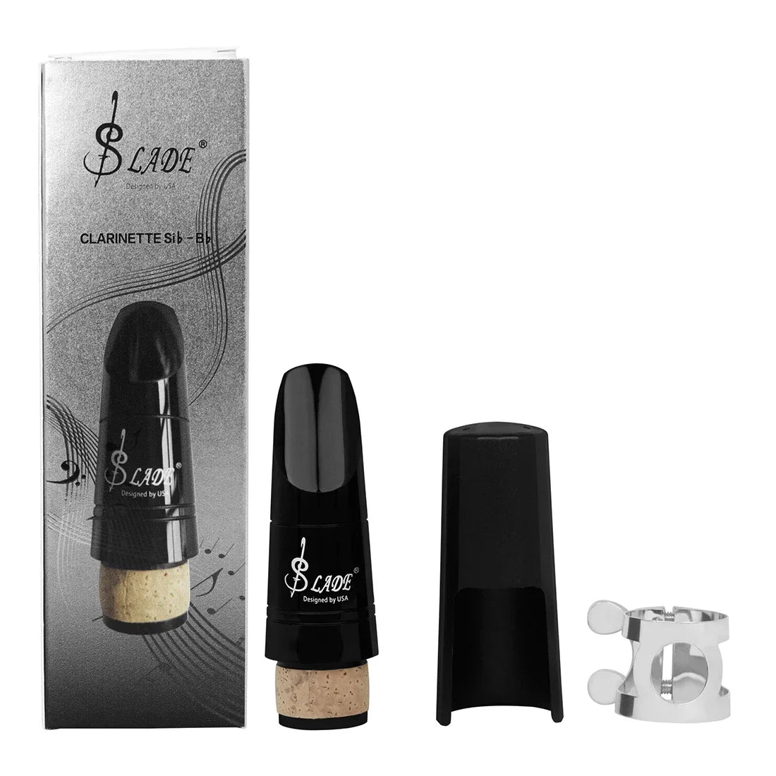 Black plastic professional keys bb clarinet mouthpiece with cork insert and silver metal slade ligature accessory