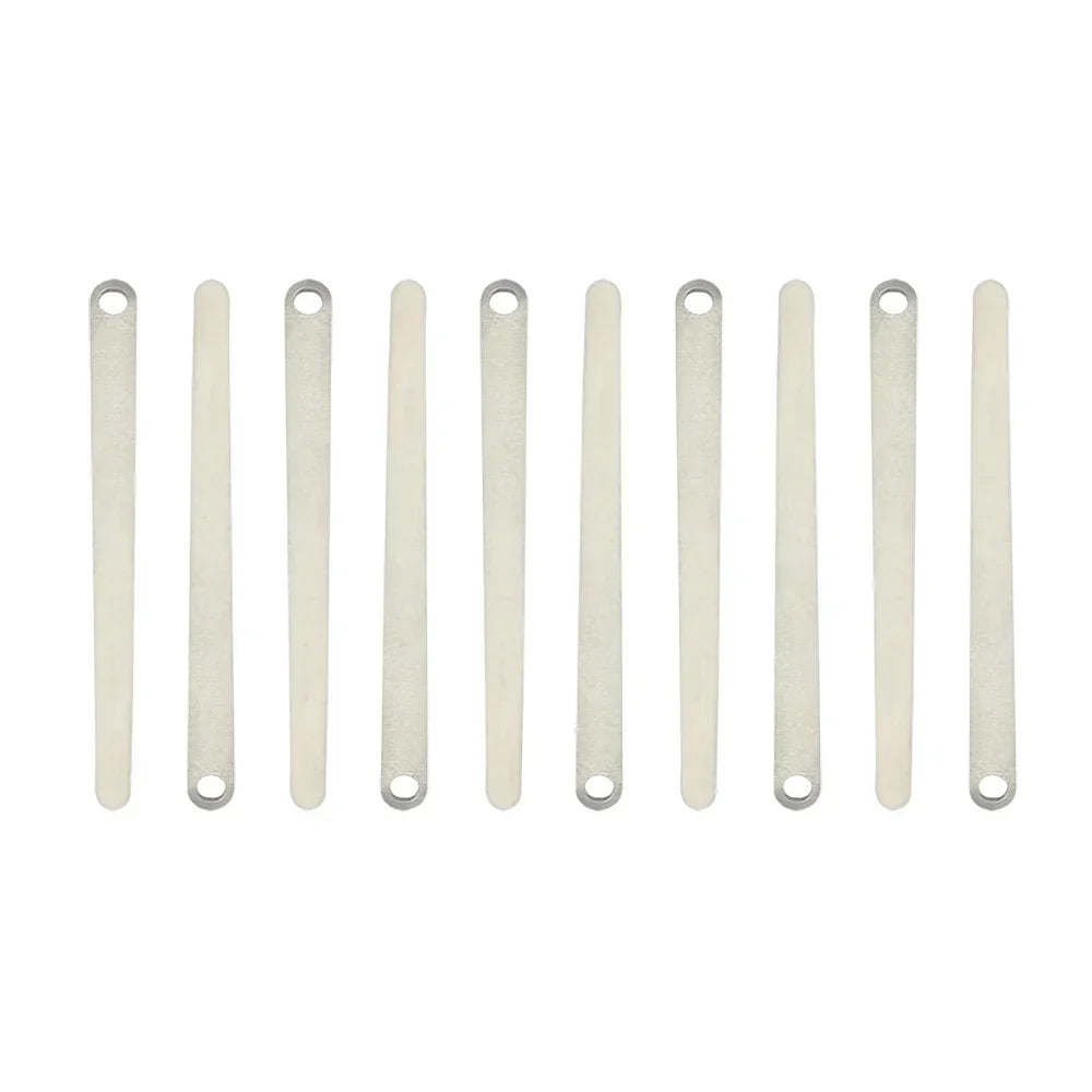 Ten slender silver-toned metal bar connectors with rounded ends and holes for bb clarinet accessories reed box use
