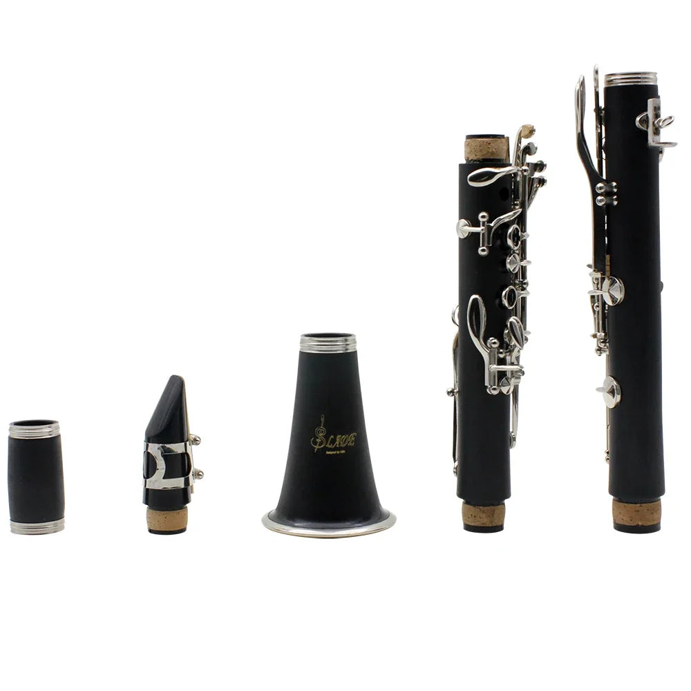 Black b&h clarinet with silver keys bb clarinet features cork joints and includes accessories reed box and cleaning brushes trimmer