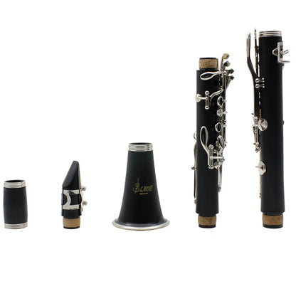 Black b&h clarinet with silver keys bb clarinet features cork joints and includes accessories reed box and cleaning brushes trimmer