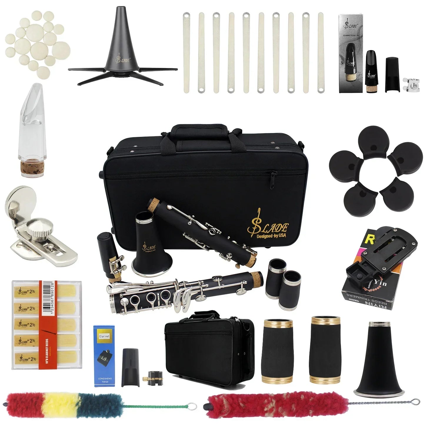 Professional 17 keys bb clarinet in black and silver with gold accents and accessories reed box cleaning brushes trimmer