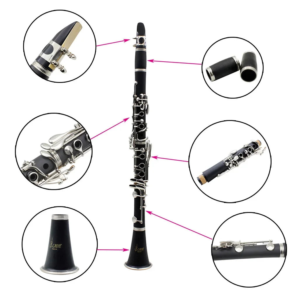Professional black keys bb clarinet with silver keys glossy finish and accessories reed box cleaning brushes trimmer