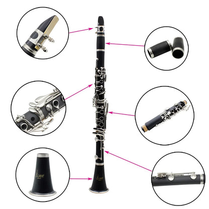 Professional black keys bb clarinet with silver keys glossy finish and accessories reed box cleaning brushes trimmer