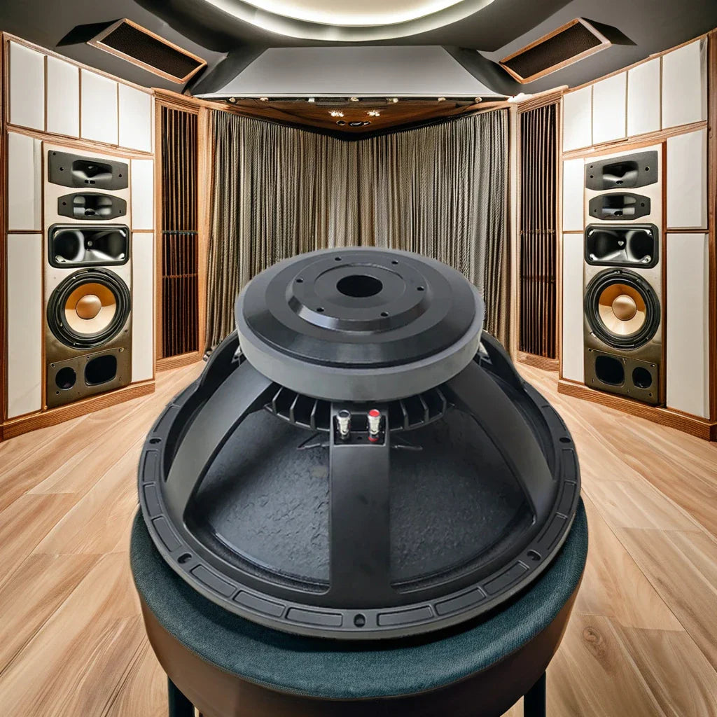 Black speaker driver f18b with matte finish and visible internal components for professional powered subwoofer speaker use