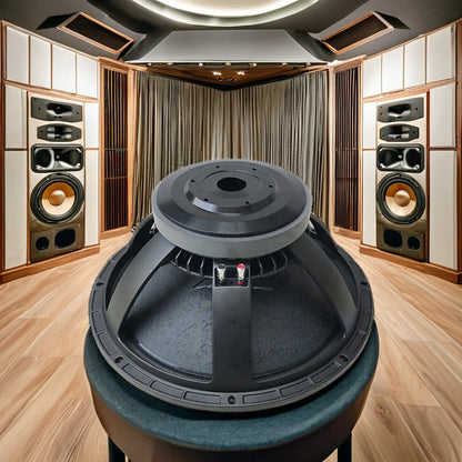 Black speaker driver f18b with matte finish and visible internal components for professional powered subwoofer speaker use