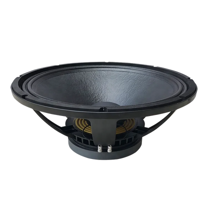 Black rugged powered subwoofer speaker driver f18b with textured cone and visible yellow voice coil for pro audio use
