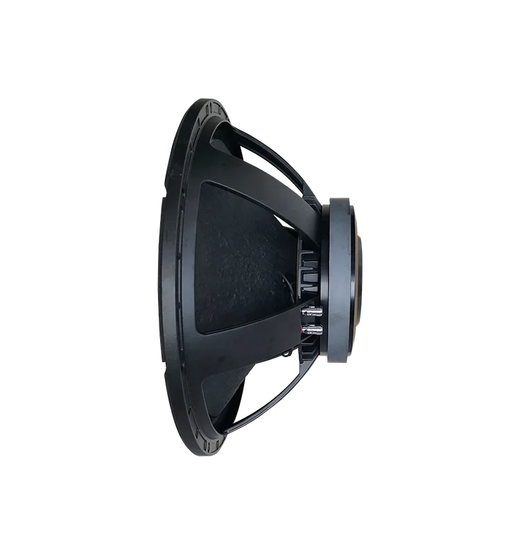 Black robust professional 18-inch powered subwoofer speaker driver f18b with matte finish and visible internal components for pro audio use