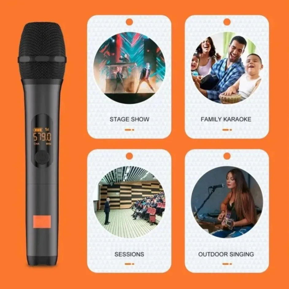 Black digital wireless handheld microphone with orange button for professional partybox dj uhf rechargeable two microphone system