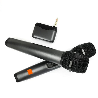 Black digital wireless handheld microphones with orange accents and matching receiver for rechargeable two microphone partybox dj uhf system