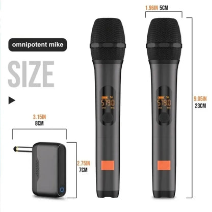 Black digital wireless handheld microphones with orange accents and compact receiver for partybox dj uhf rechargeable two microphone system