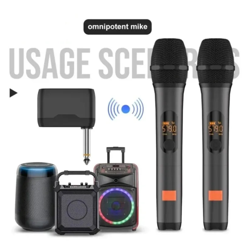 Black partybox dj uhf digital wireless handheld microphones with orange bands and rechargeable two microphone system