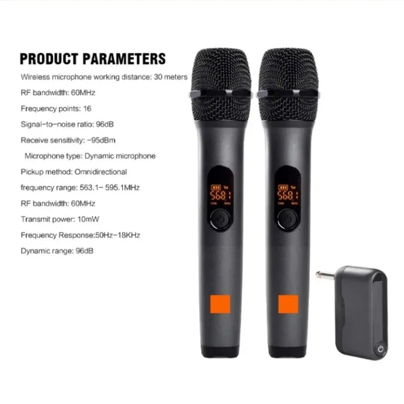 Black professional 2 channel partybox dj uhf digital wireless handheld microphones with orange accents and matching receiver
