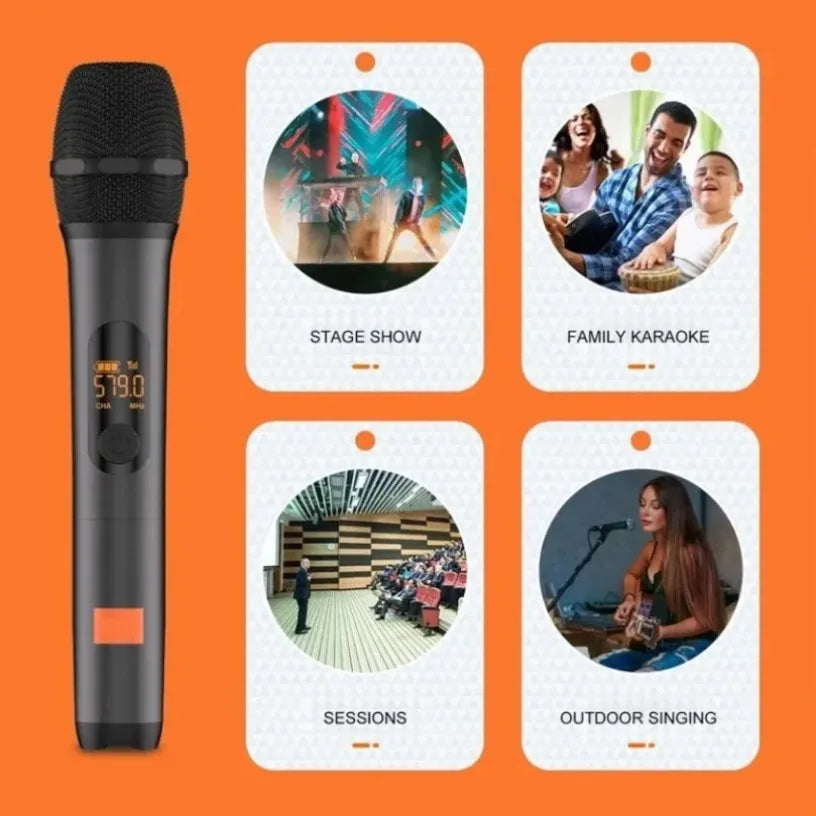 Black digital wireless handheld microphone with textured grip and orange button for rechargeable two microphone partybox dj uhf system