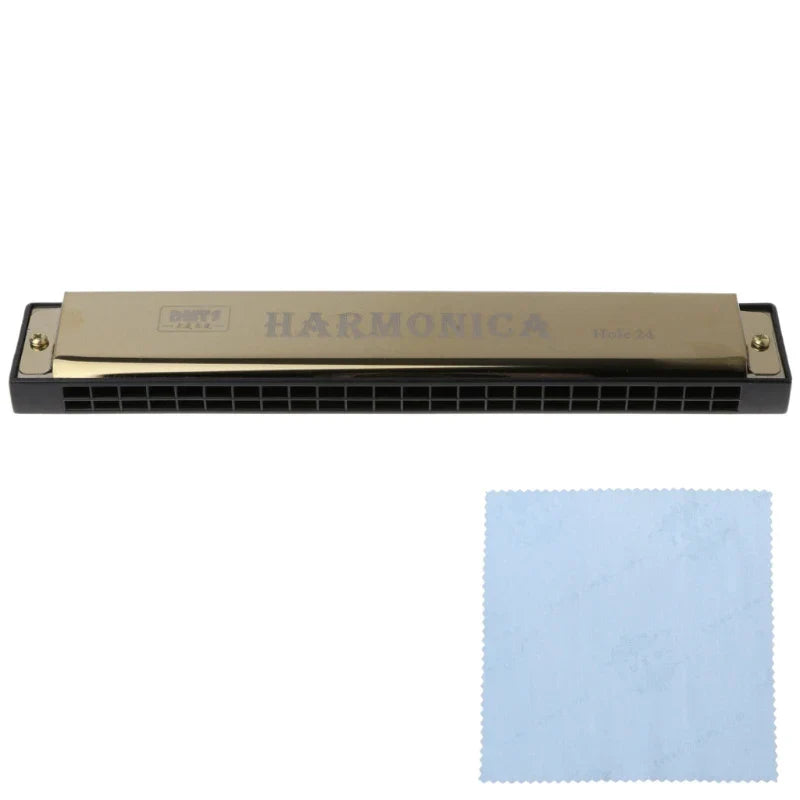 Gold-colored 24 hole harmonica mouth with black casing and blue microfiber cloth for metal organ beginners harp blues
