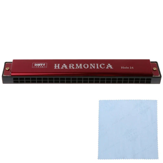 Red dmts brand 24-hole harmonica mouth metal organ beginners with silver lettering and black reed plates for blues harp harmonium blues