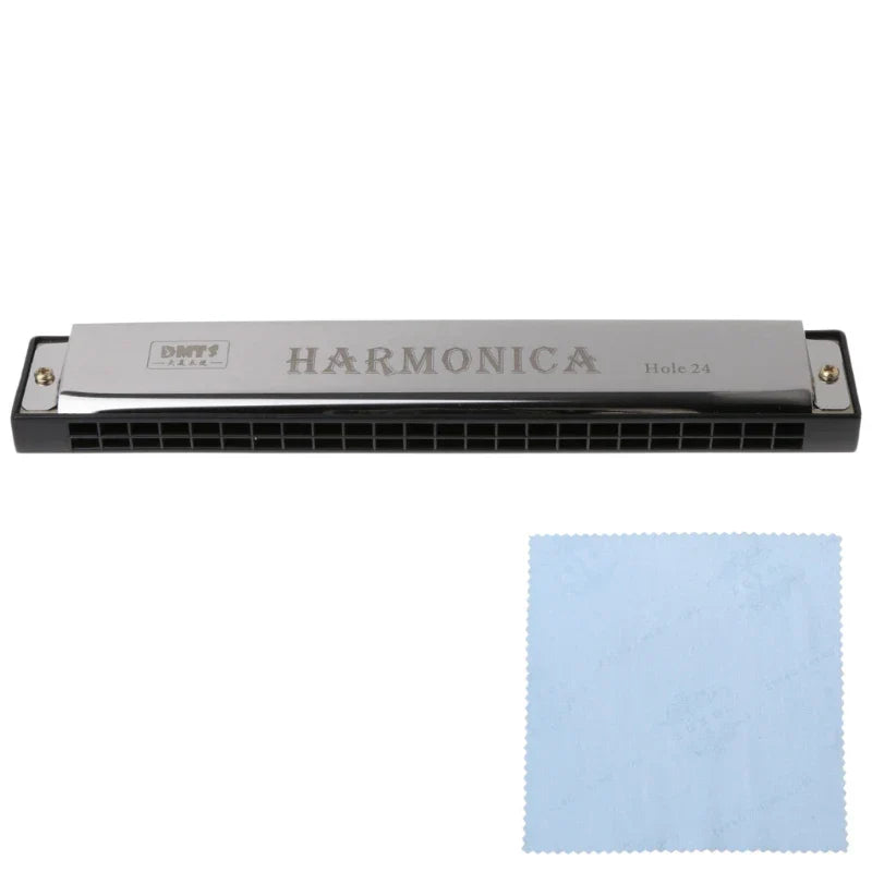 Silver dmy7 24-hole harmonica mouth metal organ beginners instrument with black plastic casing and engraved branding