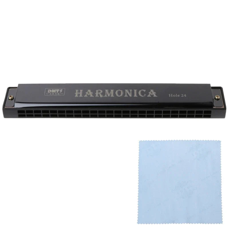 Black dmt brand 24-hole metal harmonica mouth with silver lettering and light blue microfiber cloth for beginners harp harmonium blues