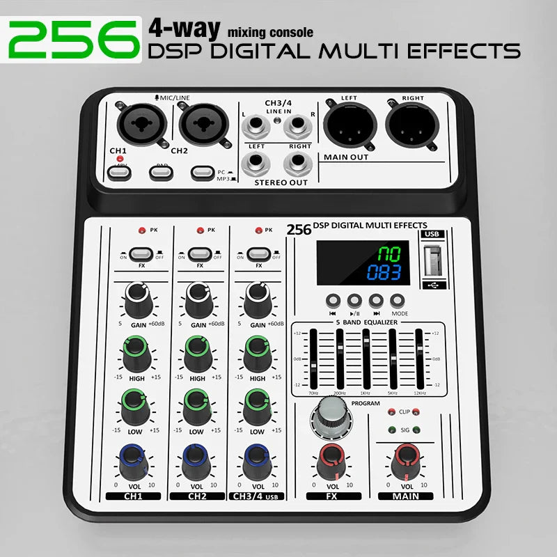 Black and white 256dsp audio mixer with green blue and red knobs for usb studio karaoke and bluetooth dj console use