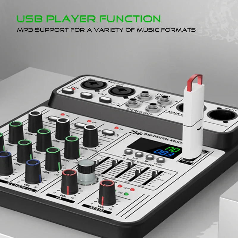 Black and white 256dsp audio mixer with colorful knobs usb studio karaoke and bluetooth dj console features usb player function