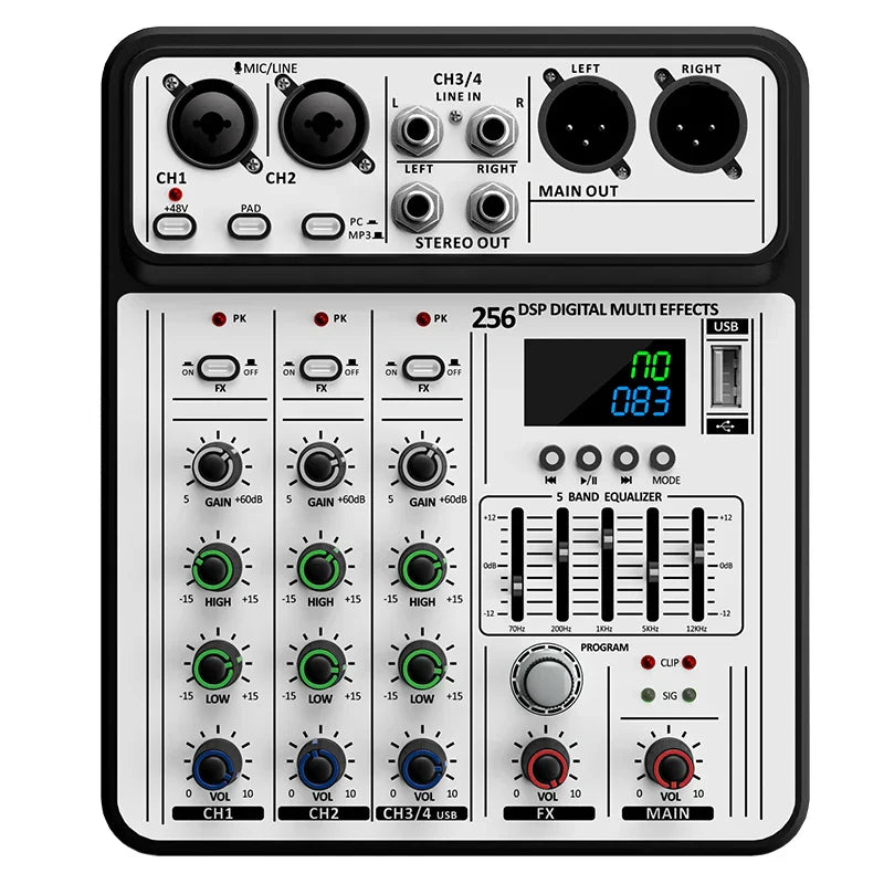 Black and white professional 4-channel 256dsp audio mixer with green blue red knobs usb studio karaoke bluetooth dj console