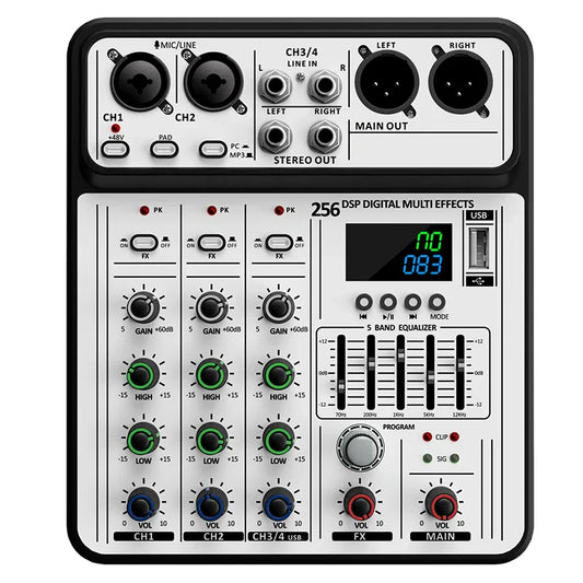 Black and white professional 4-channel 256dsp audio mixer with green blue red knobs usb studio karaoke bluetooth dj console