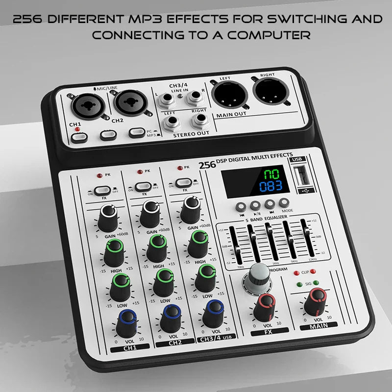 White and black 256dsp audio mixer with green blue and red knobs for usb studio karaoke and bluetooth dj console use