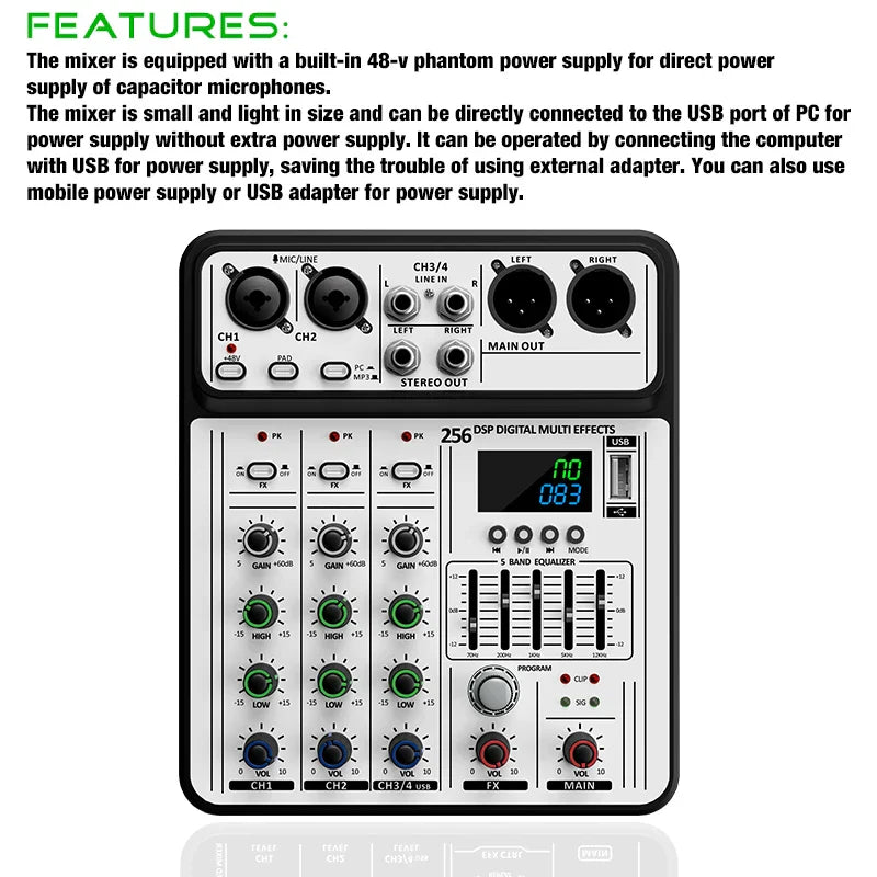 Black and silver professional 4-channel 256dsp audio mixer with green and blue knobs usb studio karaoke bluetooth dj console