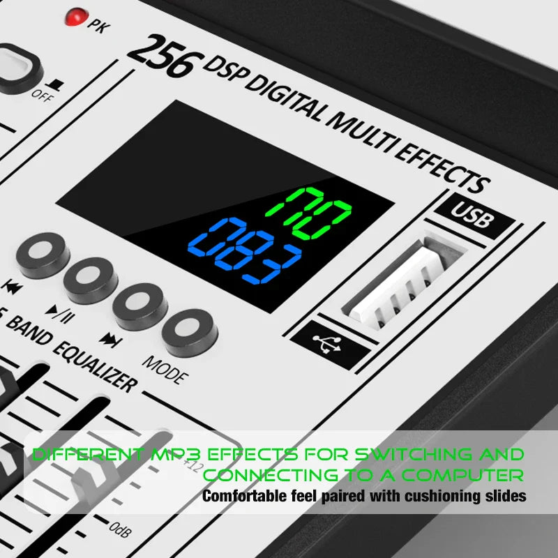 White professional 4-channel 256dsp audio mixer with black display, equalizer knobs, usb studio karaoke and bluetooth dj console features