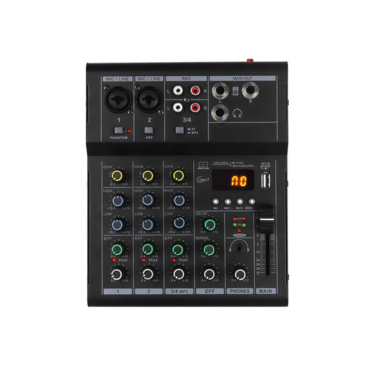 Black compact professional 4 channel audio mixer with usb interface digital display and multiple input output jacks for karaoke party