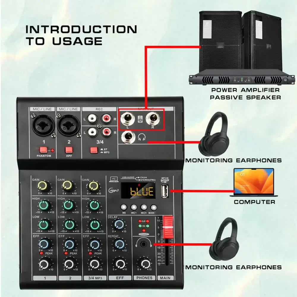 Professional black 8-channel mixer dj karaoke with usb interface sound, digital display, and labeled input output jacks