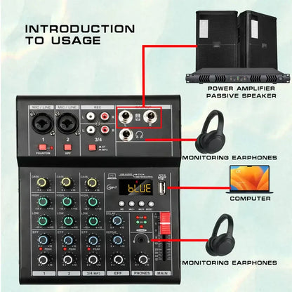 Professional black 8-channel mixer dj karaoke with usb interface sound, digital display, and labeled input output jacks
